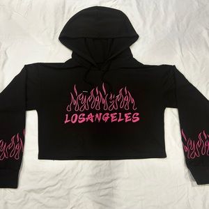 Black Cropped Hoodie Pink Flame Sleeve Graphic Hoodie